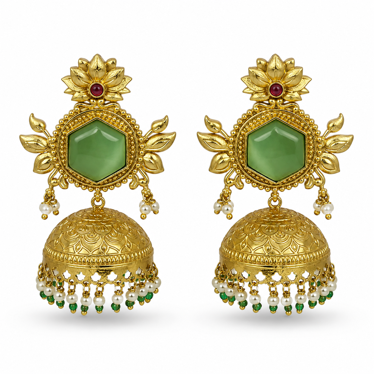 Aarvika Padmika Gold Tone Statement Jhumka Earrings – Sage Green