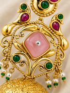 Aarvika Mayurika Gold Tone Peacock Statement Jhumka Earrings – Pink, Green & Ruby