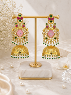 Aarvika Mayurika Gold Tone Peacock Statement Jhumka Earrings – Pink, Green & Ruby