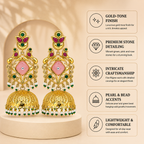 Aarvika Mayurika Gold Tone Peacock Statement Jhumka Earrings – Pink, Green & Ruby