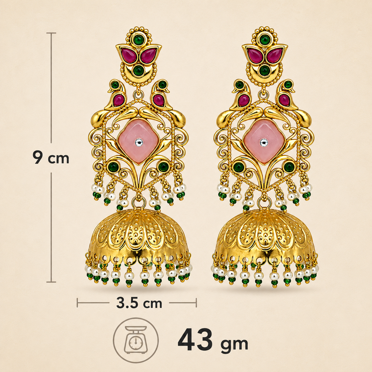Aarvika Mayurika Gold Tone Peacock Statement Jhumka Earrings – Pink, Green & Ruby