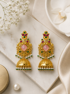 Aarvika Mayurika Gold Tone Peacock Statement Jhumka Earrings – Pink, Green & Ruby