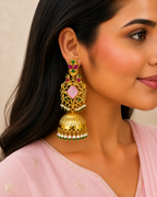 Aarvika Mayurika Gold Tone Peacock Statement Jhumka Earrings – Pink, Green & Ruby
