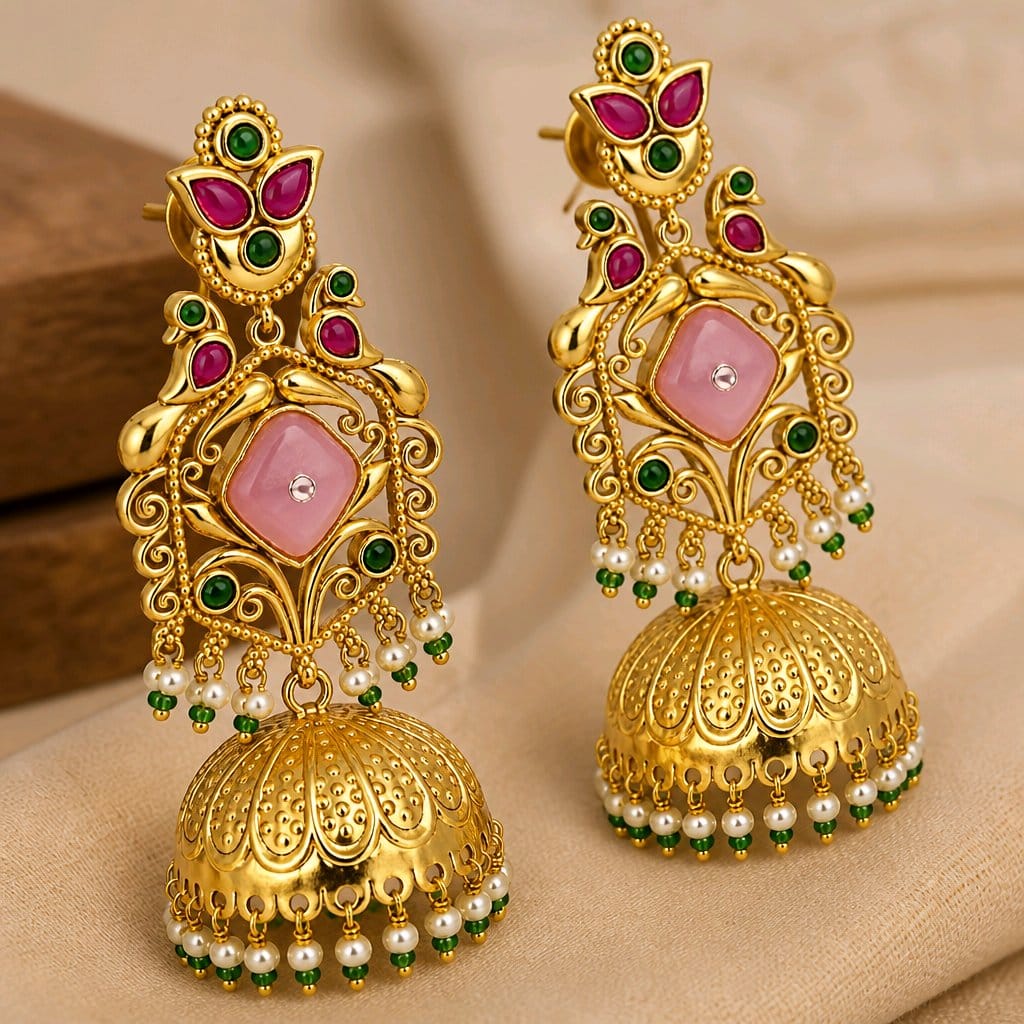 Aarvika Mayurika Gold Tone Peacock Statement Jhumka Earrings – Pink, Green & Ruby