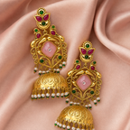 Aarvika Mayurika Gold Tone Peacock Statement Jhumka Earrings – Pink, Green & Ruby