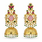 Aarvika Mayurika Gold Tone Peacock Statement Jhumka Earrings – Pink, Green & Ruby