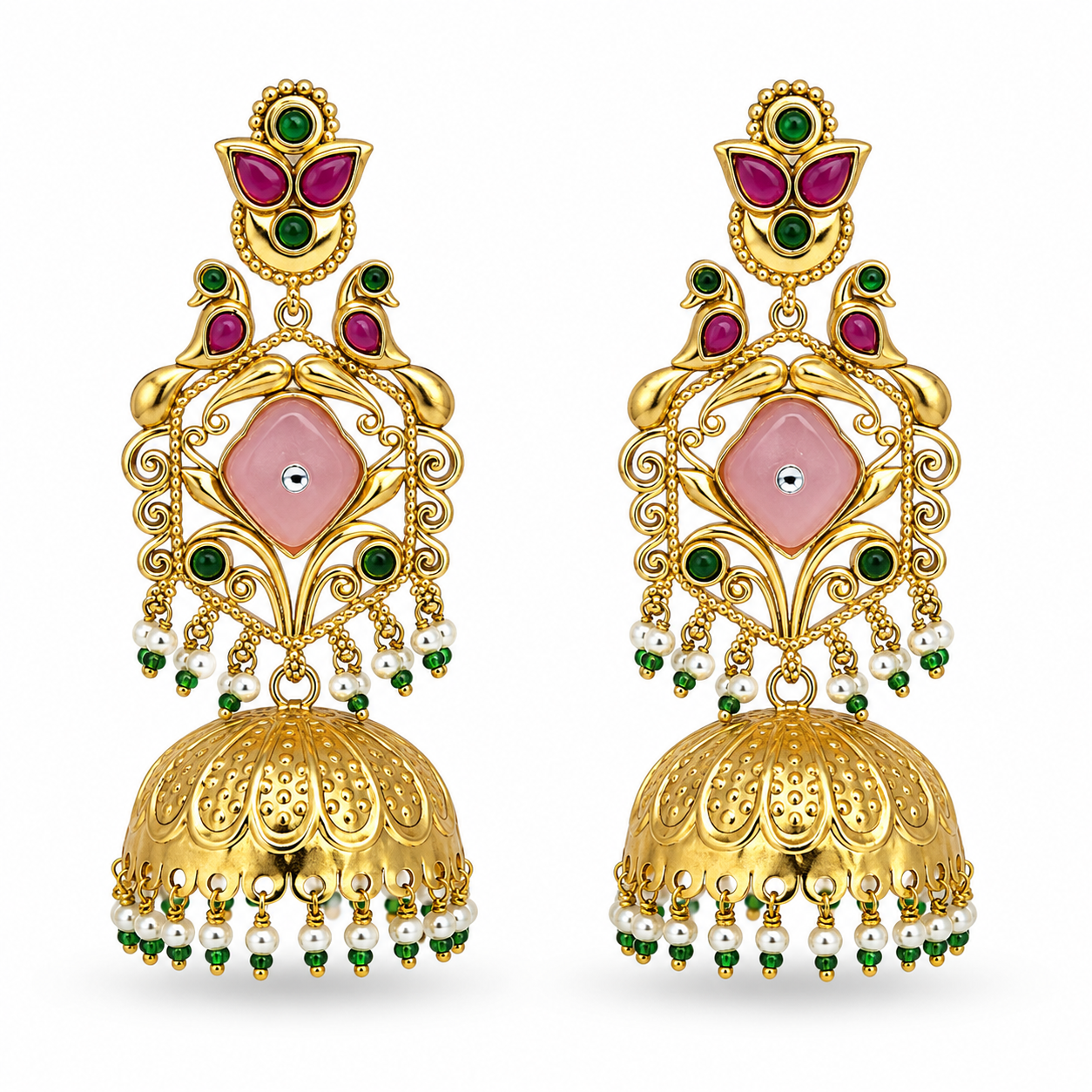 Aarvika Mayurika Gold Tone Peacock Statement Jhumka Earrings – Pink, Green & Ruby