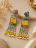 Aarvika Rajsi Silver Replica Statement Dangler Earrings - Mustard Yellow & Emerald