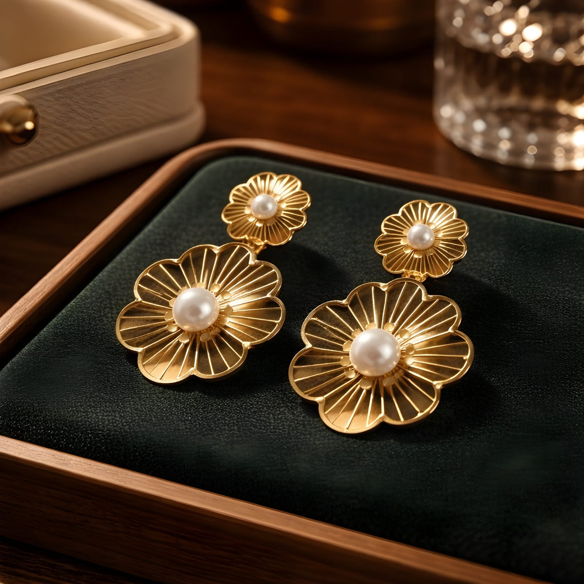 Aarvika Golden Dual Floral Pearl Drops