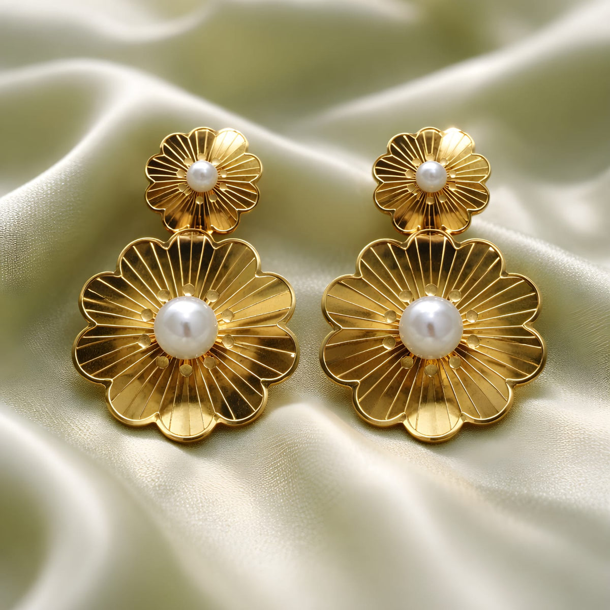 Aarvika Golden Dual Floral Pearl Drops