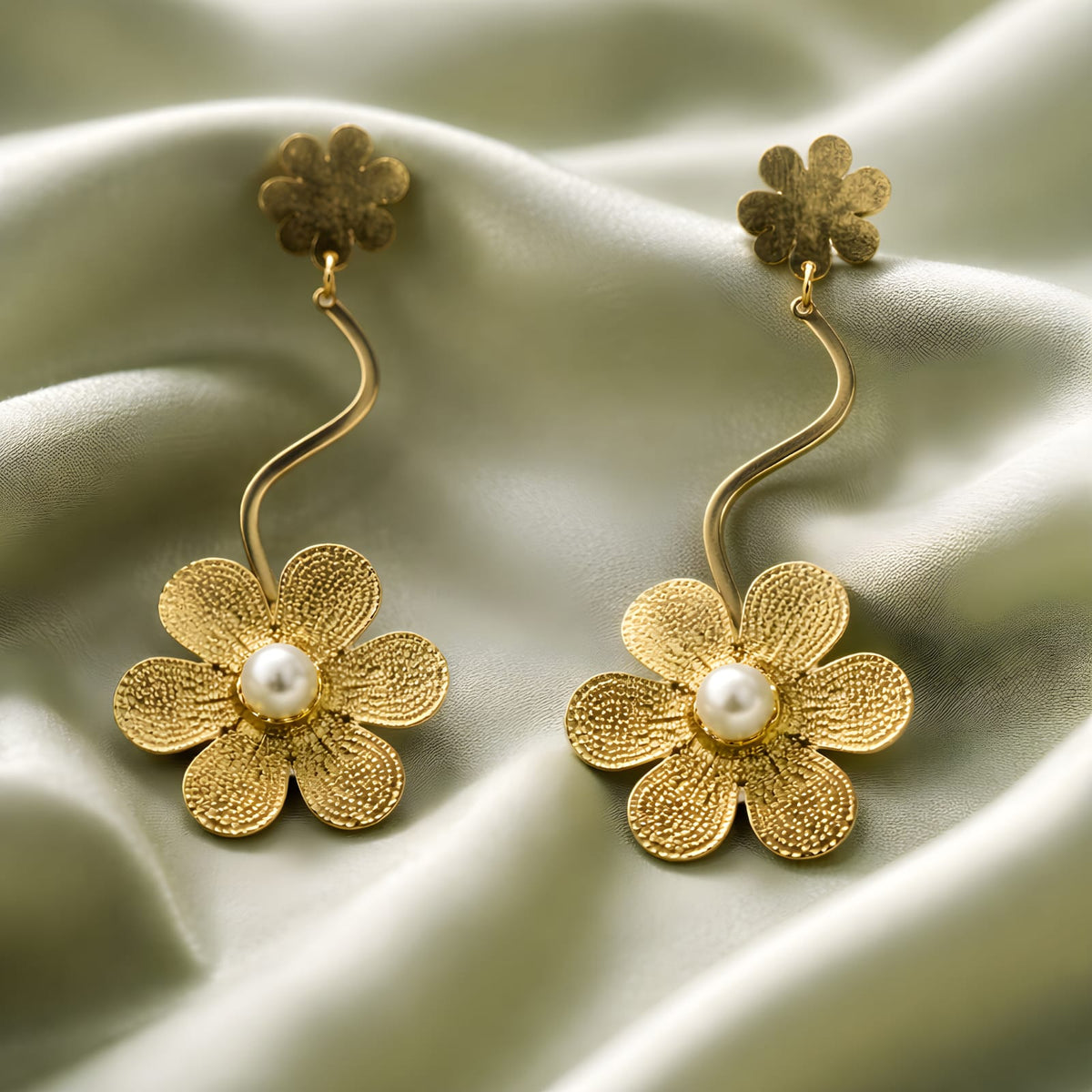 Aarvika Golden Floral Wave Drop Earrings