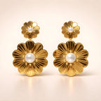 Aarvika Golden Dual Floral Pearl Drops – close-up detail