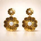 Aarvika Golden Dual Floral Pearl Drops – flat lay