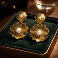 Aarvika Golden Dual Floral Pearl Drops – front view