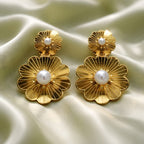 Aarvika Golden Dual Floral Pearl Drops – model wearing