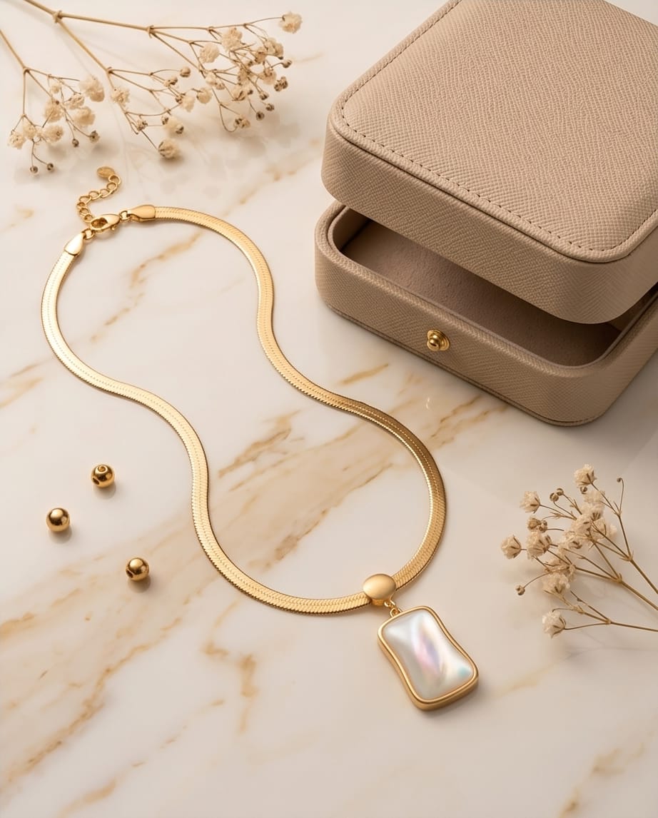Aarvika Minimal Pearl Pendant Snake Chain Necklace – front view