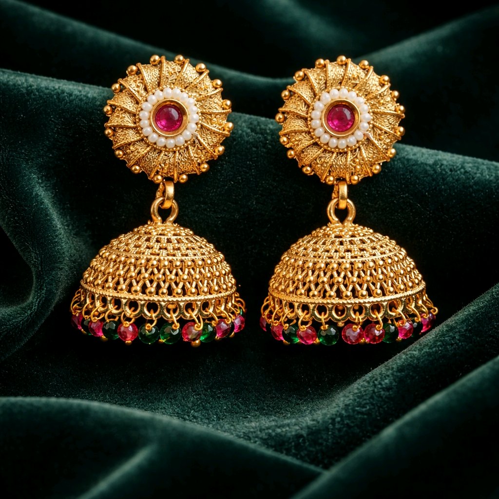 Aarvika Pearl & Multicolor Bead Traditional Jhumka Earrings – front view
