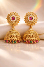 Aarvika Pearl & Multicolor Bead Traditional Jhumka Earrings – close-up detail