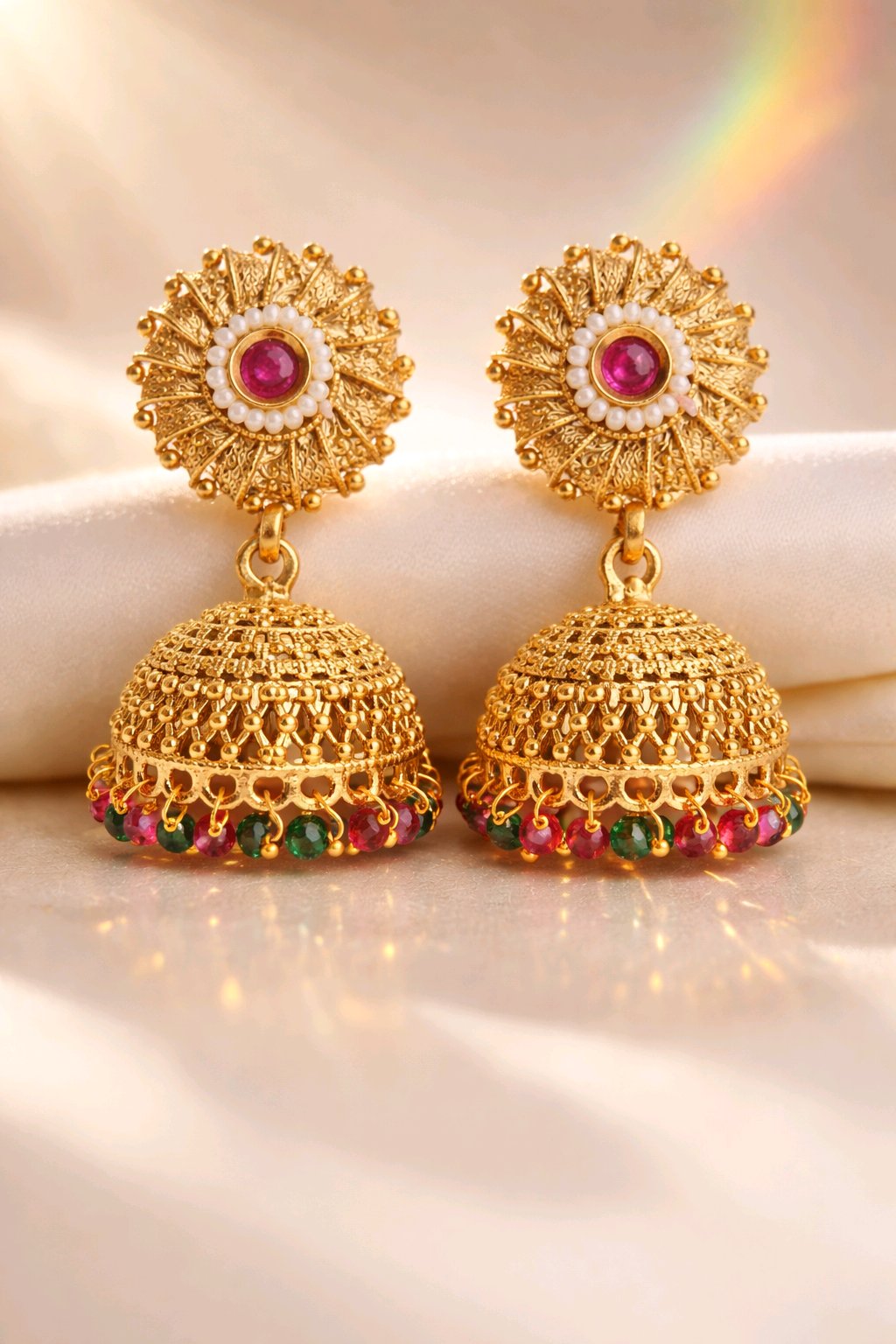 Aarvika Pearl & Multicolor Bead Traditional Jhumka Earrings – close-up detail