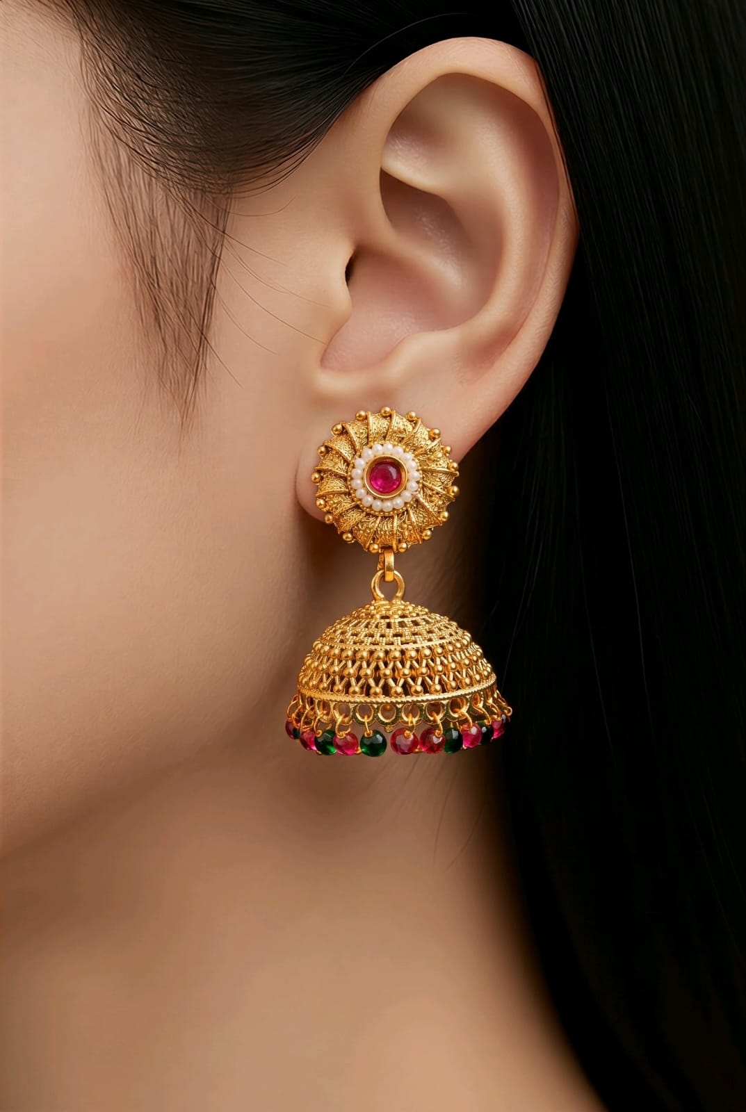 Aarvika Pearl & Multicolor Bead Traditional Jhumka Earrings – side view