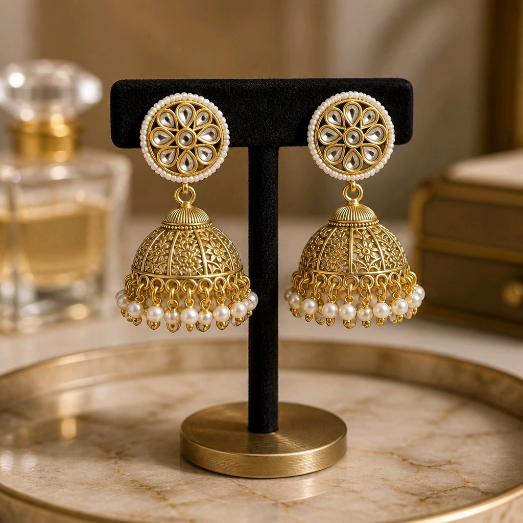 Aarvika Traditional Pearl Jhumka Earrings – front view