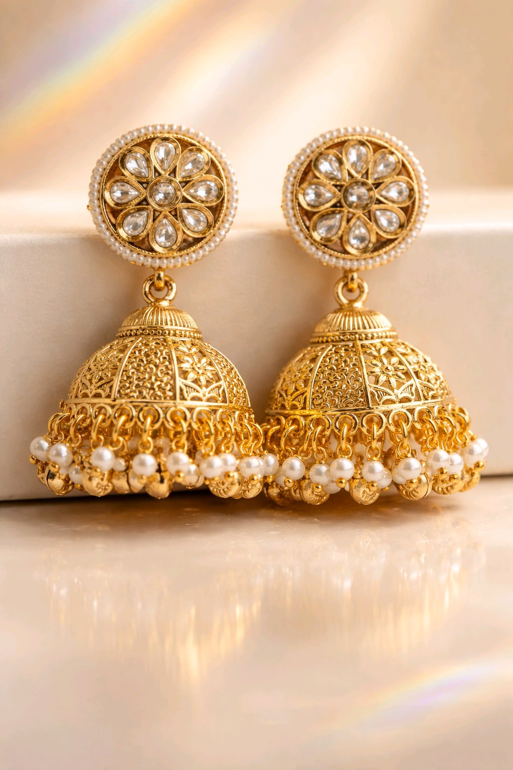 Aarvika Traditional Pearl Jhumka Earrings – side view