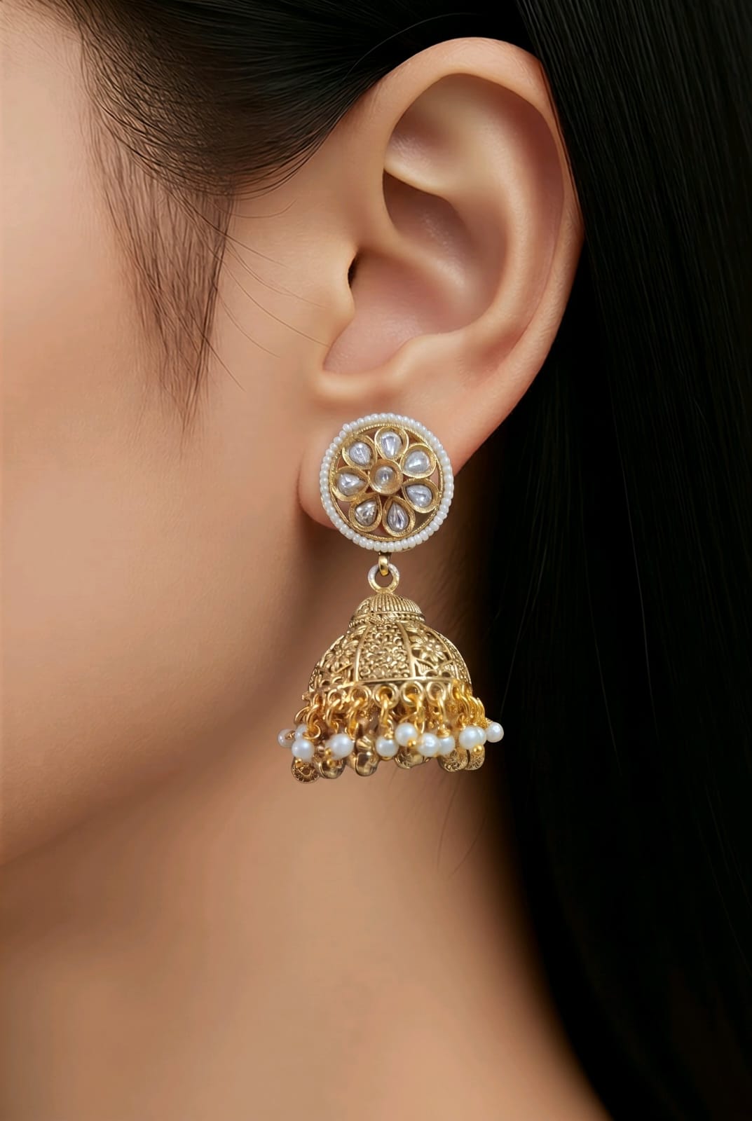 Aarvika Traditional Pearl Jhumka Earrings – close-up detail