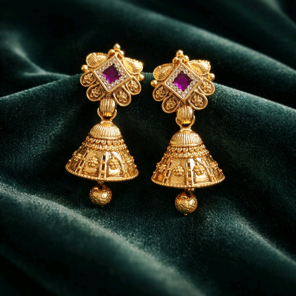 Aarvika Traditional Stone Stud Jhumka Earrings – front view
