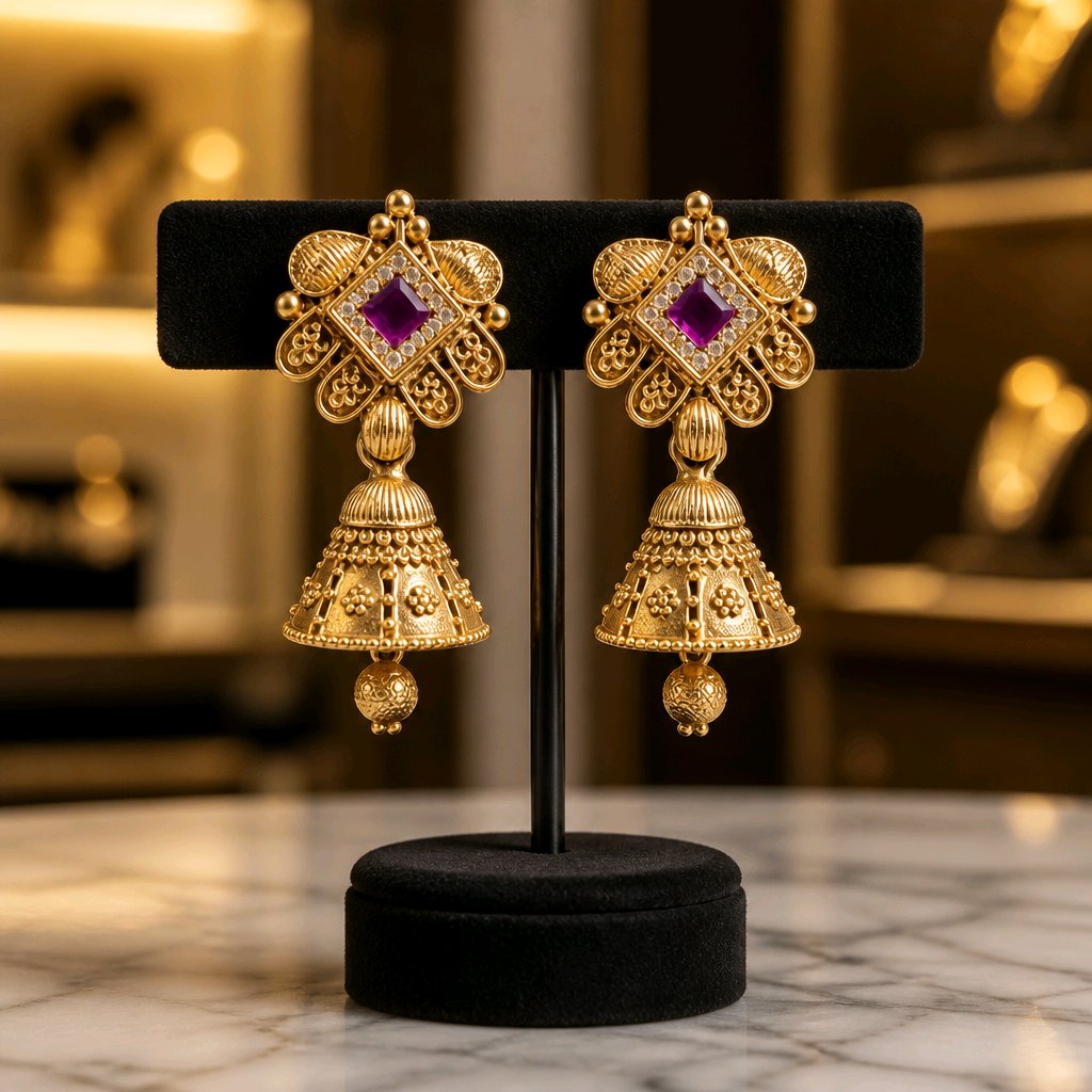 Aarvika Traditional Stone Stud Jhumka Earrings – model wearing