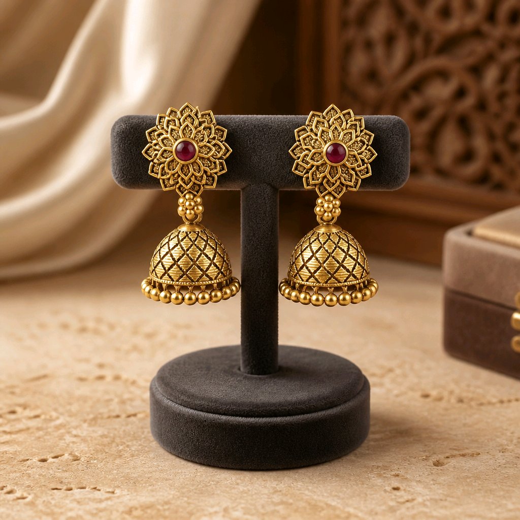 Aarvika Traditional Floral Jhumka Earrings – side view