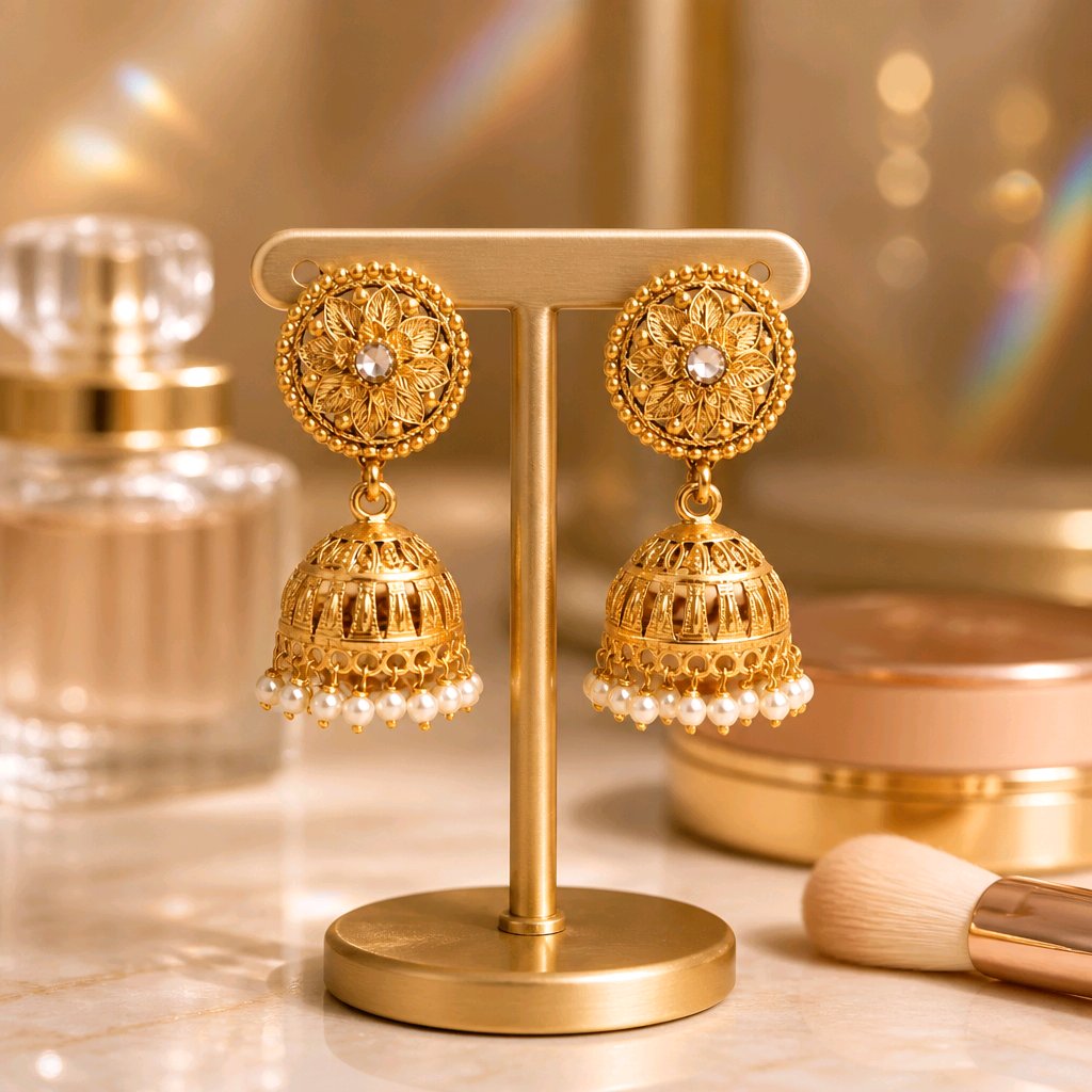 Aarvika Floral Pearl Jhumka Earrings – side view