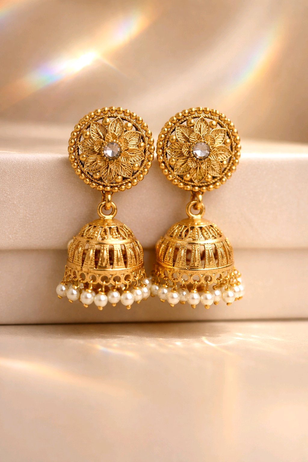 Aarvika Floral Pearl Jhumka Earrings – model wearing