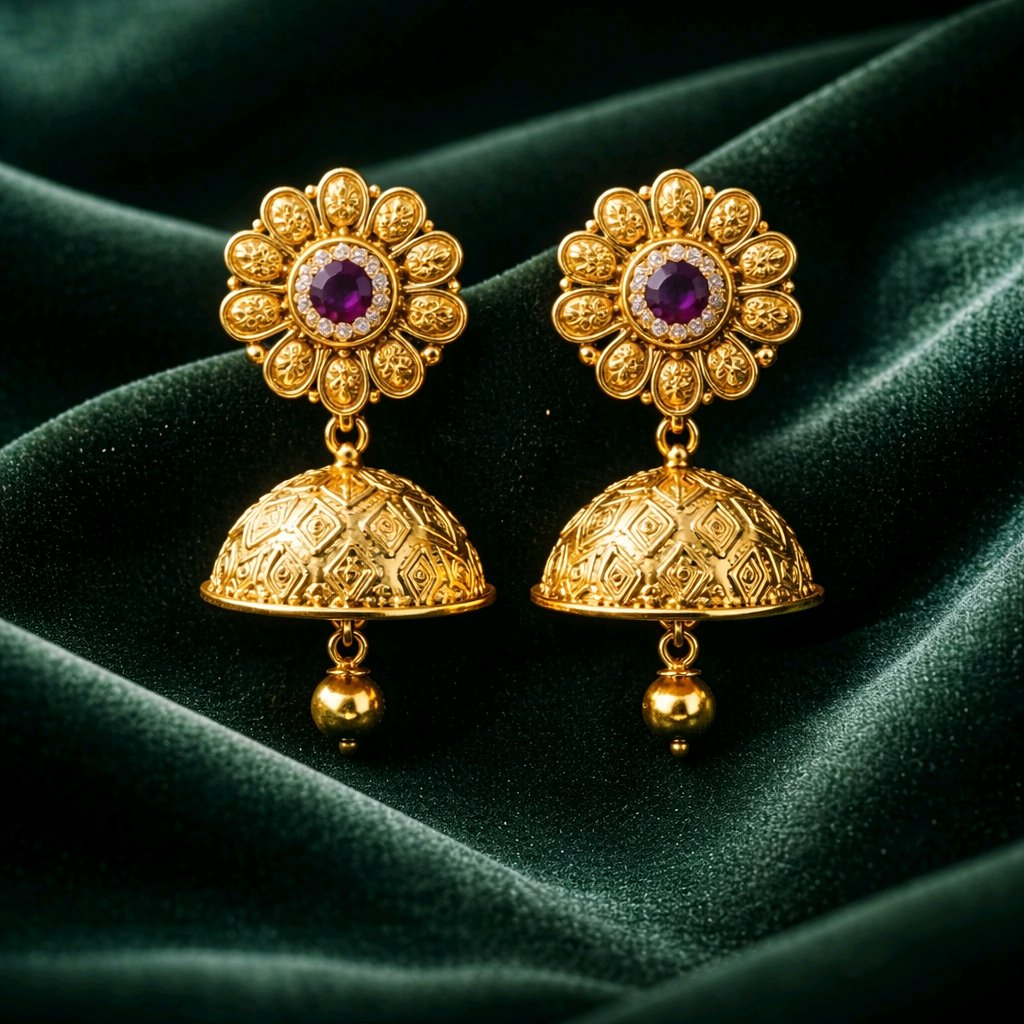 Aarvika Stone Floral Jhumka Earrings – front view