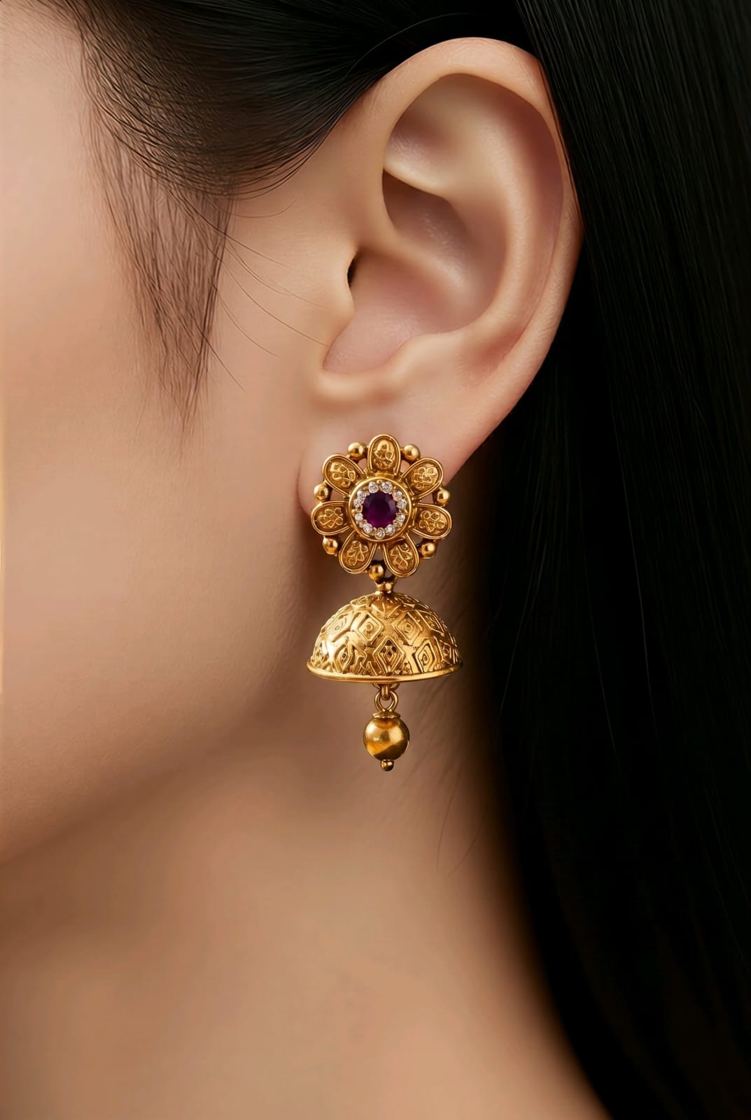 Aarvika Stone Floral Jhumka Earrings – close-up detail