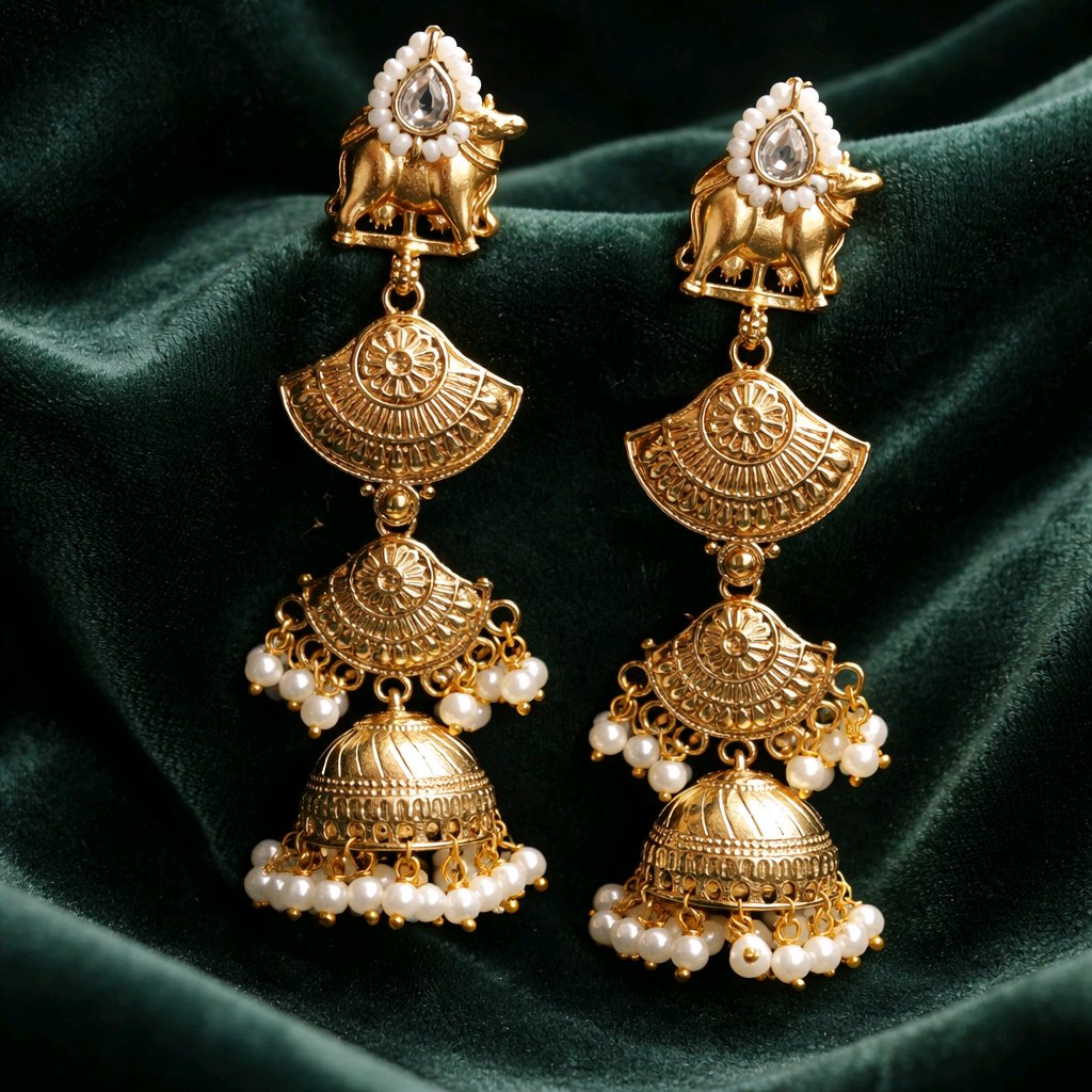 Aarvika Pearl Traditional Cow Motif Jhumka Earrings – front view