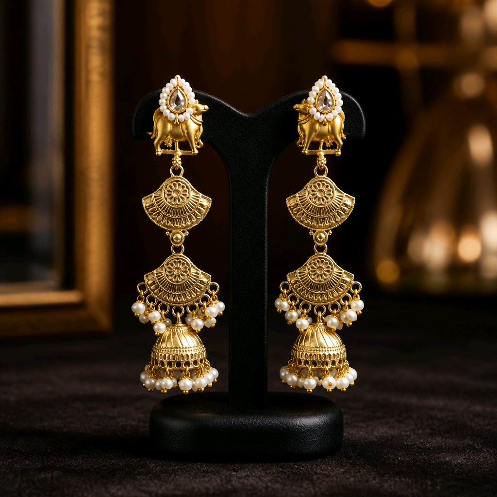 Aarvika Pearl Traditional Cow Motif Jhumka Earrings – side view