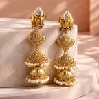 Aarvika Pearl Traditional Cow Motif Jhumka Earrings – model wearing