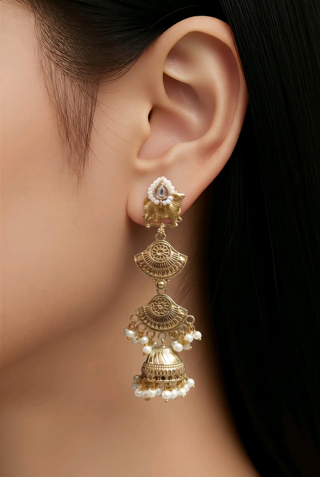Aarvika Pearl Traditional Cow Motif Jhumka Earrings – close-up detail