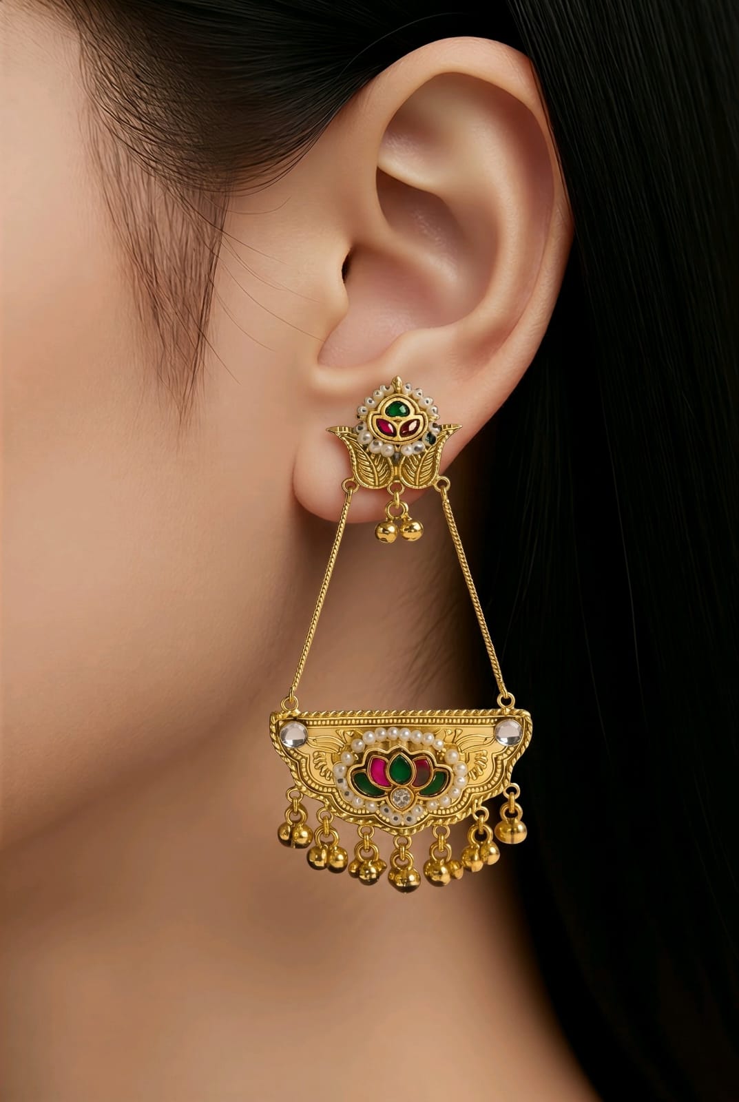 Aarvika Pearl Kashmiri Style Long Statement Earrings – close-up detail