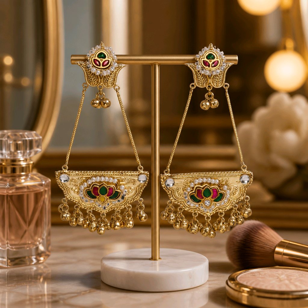 Aarvika Pearl Kashmiri Style Long Statement Earrings – side view
