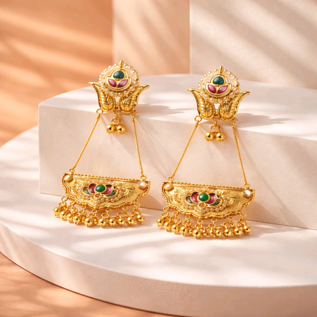 Aarvika Pearl Kashmiri Style Long Statement Earrings – model wearing