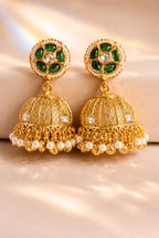Aarvika Green Stone Pearl Jhumka Earrings – flat lay