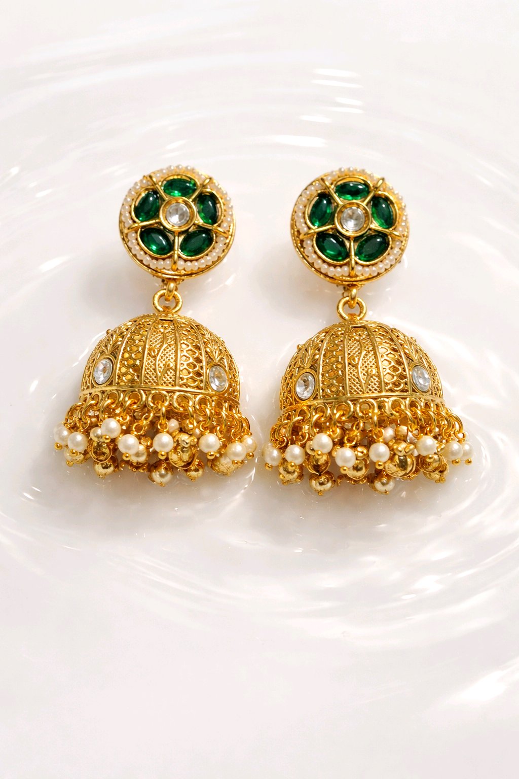 Aarvika Green Stone Pearl Jhumka Earrings – model wearing