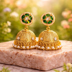Aarvika Green Stone Pearl Jhumka Earrings – front view