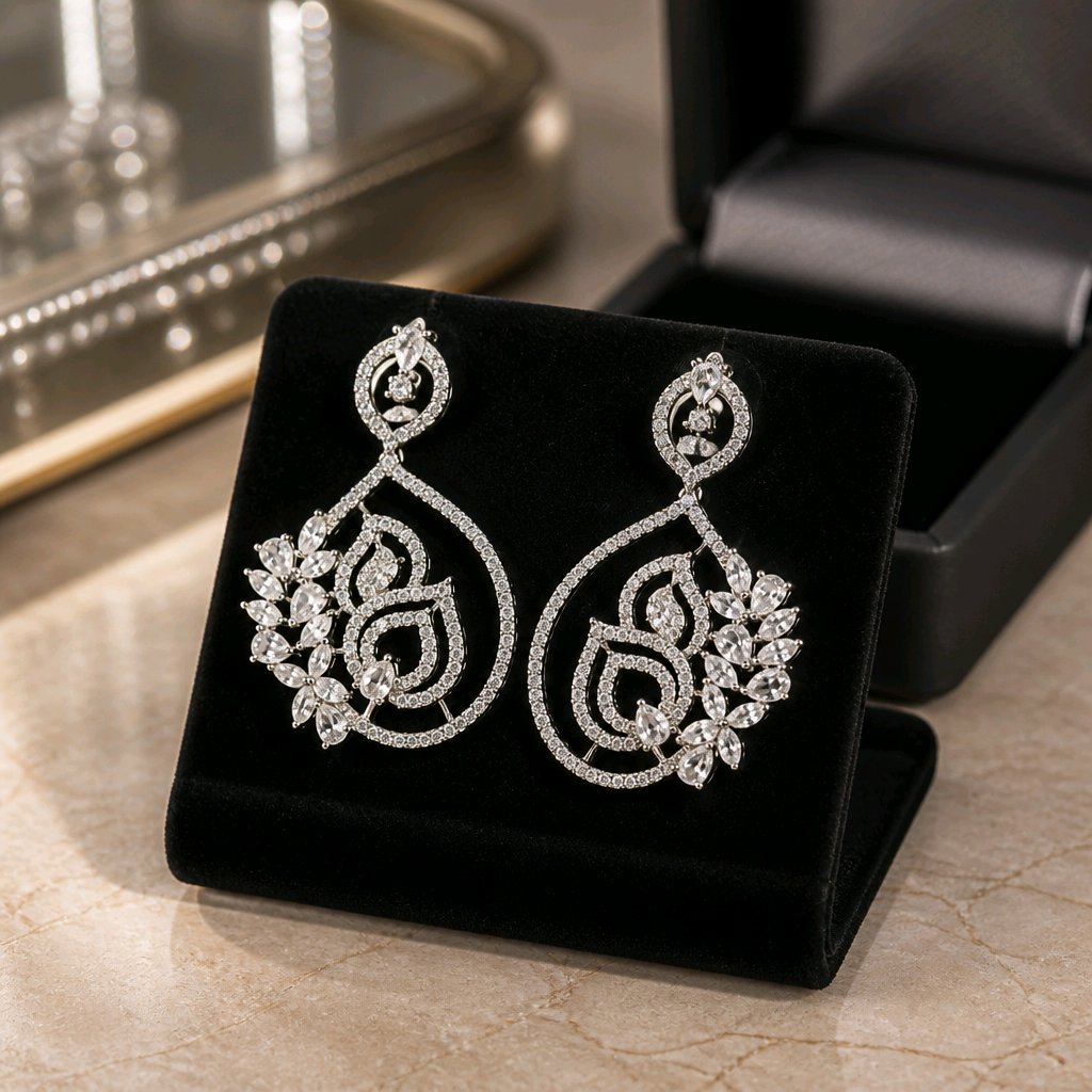 Aarvika American Diamond Teardrop Dangle Earrings – model wearing