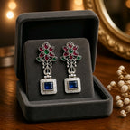 Aarvika Oxidised Silver Oxidized Floral Drop Earrings – model wearing