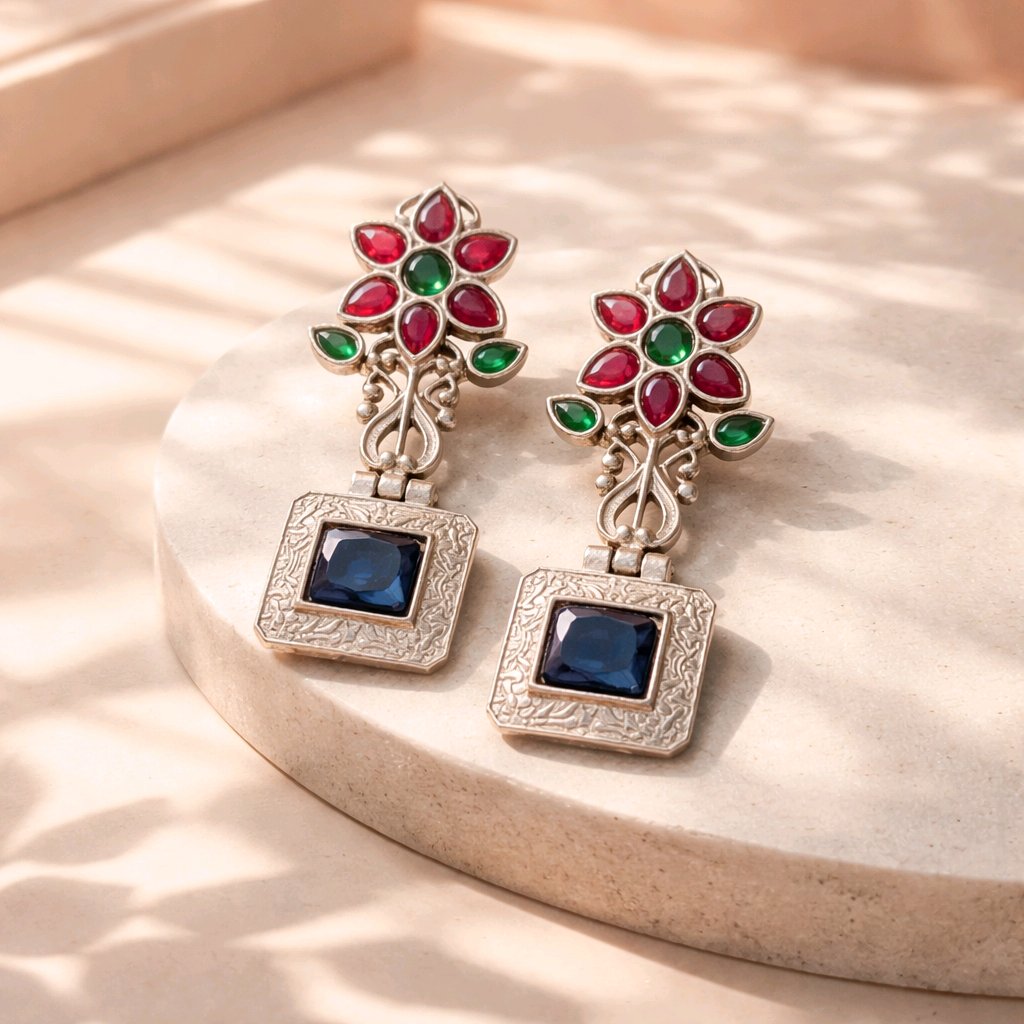 Aarvika Oxidised Silver Oxidized Floral Drop Earrings – close-up detail