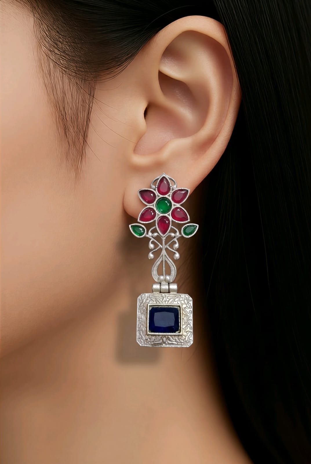 Aarvika Oxidised Silver Oxidized Floral Drop Earrings – side view