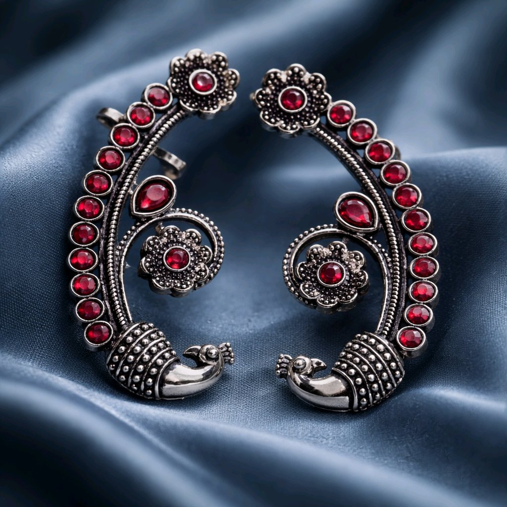 Aarvika Oxidised Silver Oxidized Peacock Ear Cuff Earrings – front view