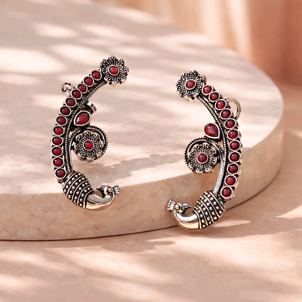 Aarvika Oxidised Silver Oxidized Peacock Ear Cuff Earrings – close-up detail